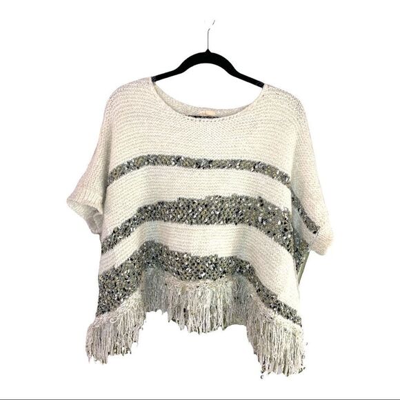 NWT Moth Anthropologie White and Metallic Crocheted Fringed Poncho Sweater - Picture 1 of 9